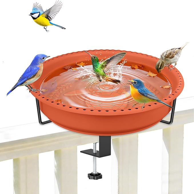 Bird Baths for Outdoors, Rustproof Metal Clamp Birdbaths & Birdfeeder with Detachable Plastic Basin, Outdoor Bird Feeding & Watering Station for Wild Birds Garden Patio Balcony (Brown)