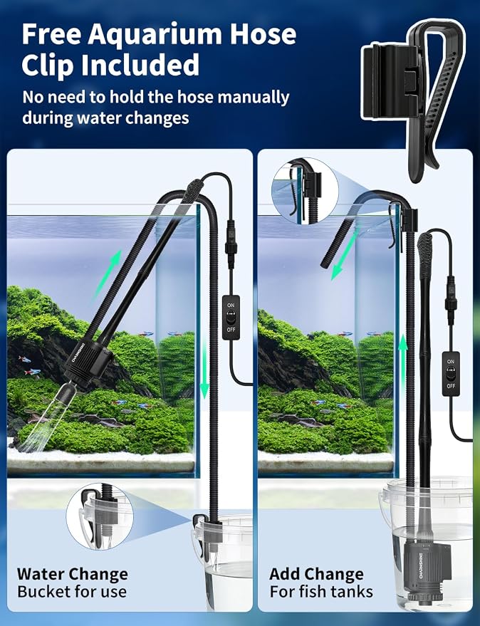 Gravel Vacuum for Aquarium, 6 in 1 Fish Tank Cleaner Tool Kit Electric Vacuum Gravel Cleaner for Aquarium Automatic Water Change, Wash Sand, Water Circulation,With Filter Cup, Hose Clamp (370GPH 22W)