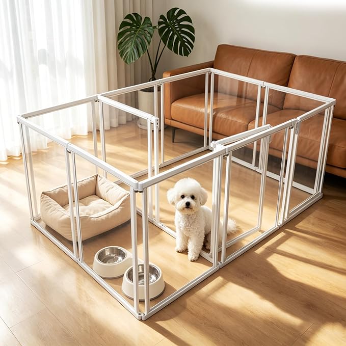 NiceTCU 24" H Acrylic Dog Playpen Indoor, Metal Frame Clear Dog Playpen with Door - 12 Panels, Easy Assemble Pet Fence, DIY Foldable Pet Pen for Ducks Puppy Rabbit Small & Medium Pets- 12Pcs White