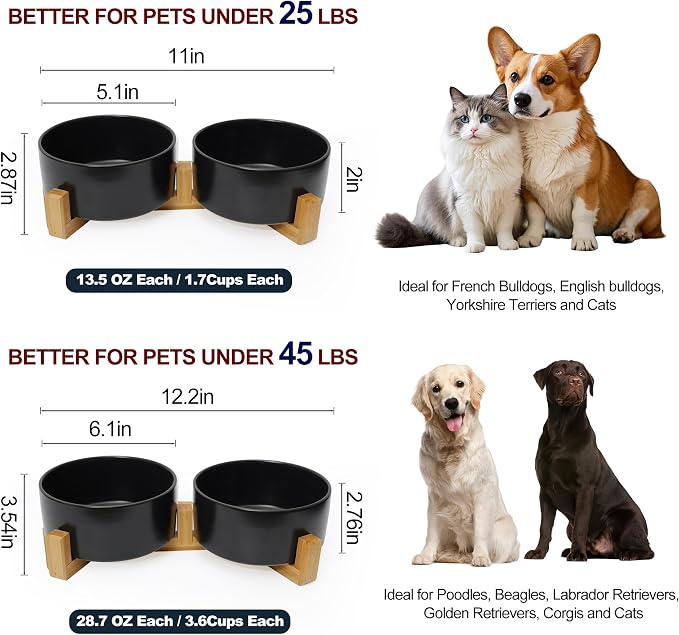 Ceramic Dog Water Bowl, 13.5 oz No Spill Water and Food Bowls for Dogs, Modern Design Dishes for Puppy & Cat, Pet Feeding Station with Weighted Base, Black