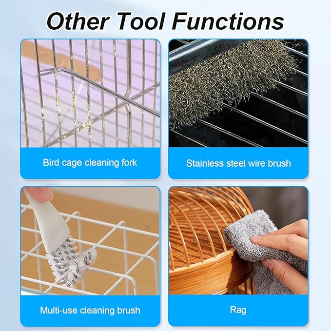 6 PCE Set Bird Cage Cleaner with Cleaning Towel, Stainless Steel Poop Remover & Cage Cleaning Brush Tools, Complete Bird Cage Accessories for Parakeet & Small Animal Cage Cleaning