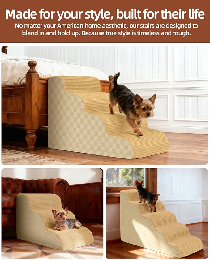 Dog Stairs Curved Ramp for Small Dogs 19.5" H, 4-Step Pet Stairs for Couch Bed with High Density Foam, Dog Slope Stairs with Durable Non-Slip Bottom Khaki