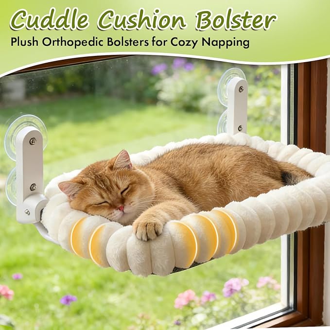 Zoratoo 2PC Cat Window Perch with Bolster Foldable Cat Hammock Cushion Bed for Window with Metal Frame, Cloud-Cuddle Cordless Window Resting Seat for Indoor Cats (Cushion Bed, White-L)