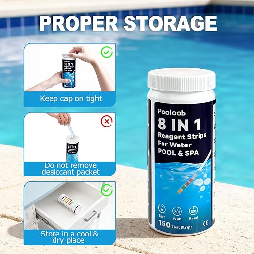 Pooloob 8-in-1 Pool and Spa Test Strips, 150 Count Water Testing Kit for Saltwater & Chlorine Pools - Tests pH, Salt, Free Chlorine, Bromine, Alkalinity, Hardness, Cyanuric Acid & Total Chlorine