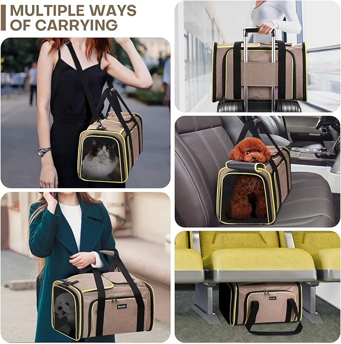 Expandable Cat & Dog Carrier, Large Expandable Collapsible Travel Bag with Safety Zippers, 3 Open Doors, Removable Fleece Pad for Puppies & Small Animals, Airline Approved (Brown)
