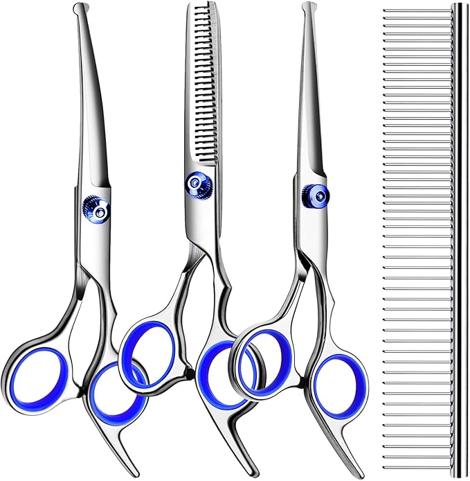 TINMARDA Professional Dog Grooming Scissors Kit, Titanium Coated 5 in 1 Stainless Steel Grooming Shears Kit with Straight, Curved and Thinning Scissors for Dogs, Cats and Pets at Home