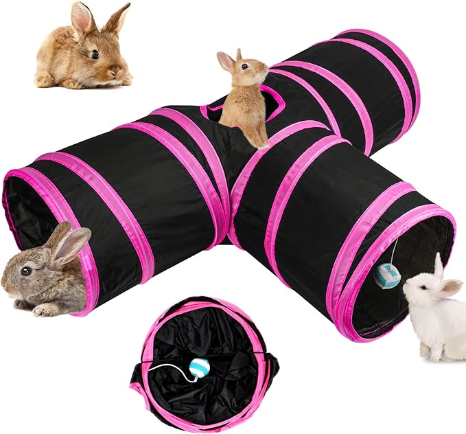BWOGUE Bunny Tunnels & Tubes Collapsible 3 Way Bunnys Hideout Small Animal Activity Tunnel Toys for Dwarf Rabbits Guinea Pigs Kitty