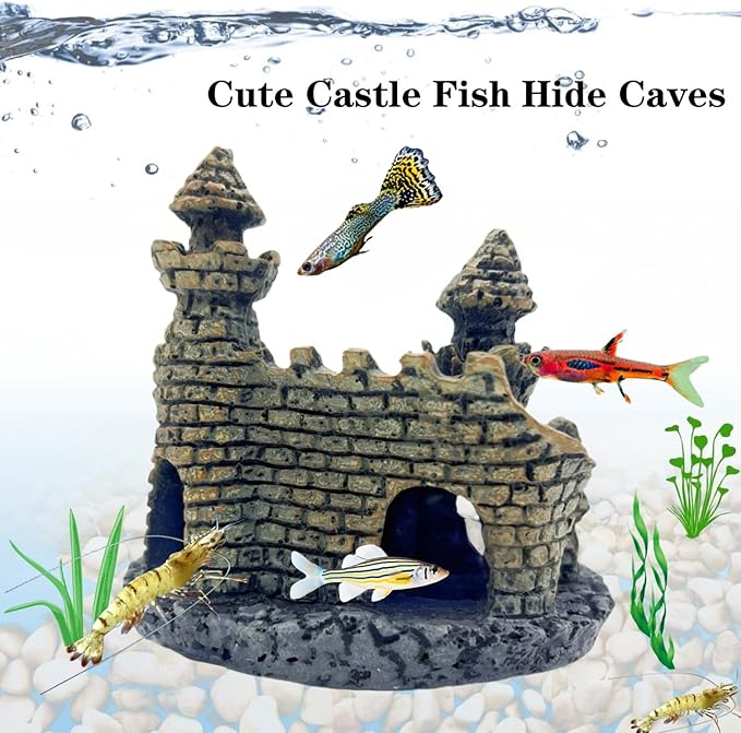 Small Aquarium Castle Decor , Mini Cute Fish Tank Castle Ornaments, Young Little Fish Fish Larvaes Shrimp Hide Caves Hideout for Small Medium Fish Tank Decor Crab Cichlid Betta Tank Decor (Brown)