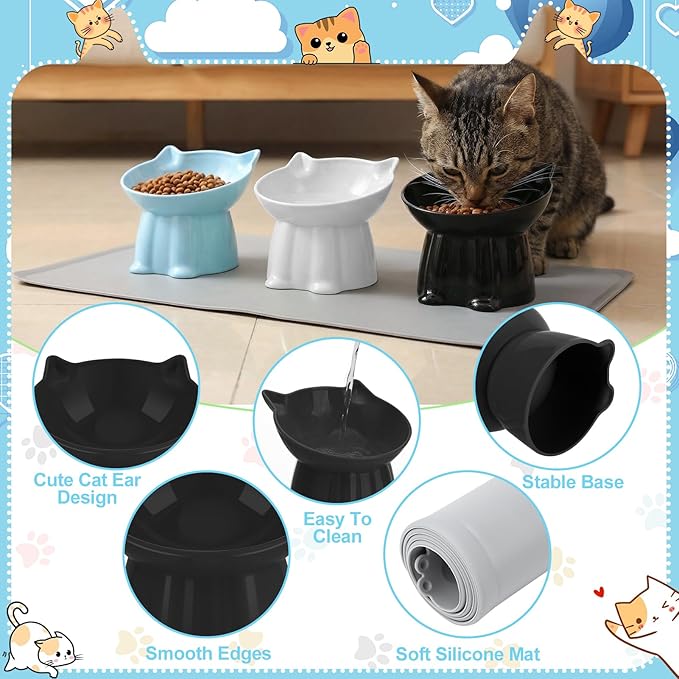 3 Pcs Elevated Cat Bowls 15°Raised Cat Food Bowl with Silicone Mat Whisker Friendly Anti Vomiting Cats Dishes Pet Food and Water Bowls for Indoor Cats Kittens, Blue, Black, White