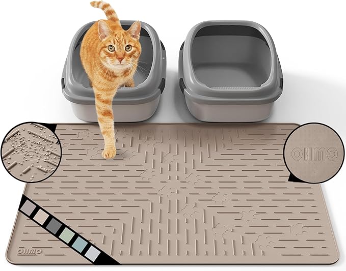 OHMO Cat Litter Mat Large Trapping Mat Premium Silicone Rubber 31.5x23.6 Beige，Waterproof and BPA Free Kitty Litter Box Mat, Easy to Clean and Keeps the Floor Tidy