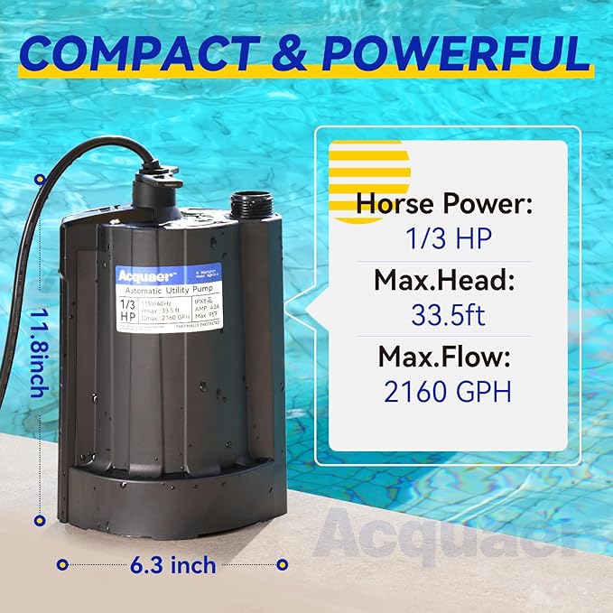 Acquaer 1/3 HP Submersible Water Pump, 115V Sump Pump with 3/4” Garden Hose Adapter, 2160 GPH High Flow Water Removal for Swimming Pool Cover Hot Tubs Flooded House Basement, Black