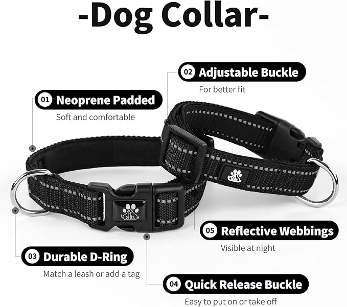 IVY&LANE Reflective Dog Collar and Leash Set,Adjustable Neoprene Padded Dog Collars for Puppy, Breathable Nylon Pet Collar for Small Medium Large Dogs (Medium,Black)