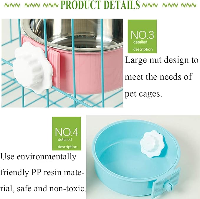 kathson Crate Dog Bowl, Removable Stainless Steel Hanging Pet Cage Bowl Food & Water Feeder Coop Cup for Cat, Puppy, Birds, Rats, Guinea Pigs (4 PCS, Size: L, 2×Blue,1×Pink,1×Green)