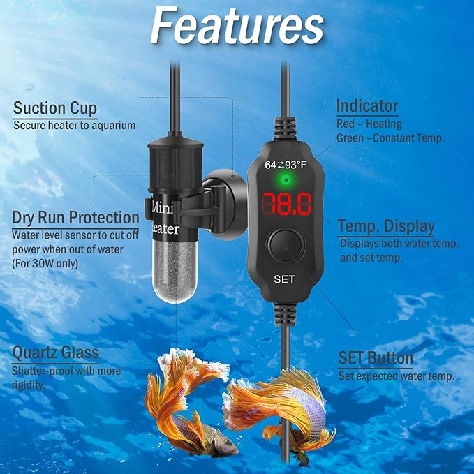 10W Mini Aquarium Heater for 1-2 Gallon Tanks | Submersible Fish Tank Heater with Digital Thermostat, Dry-Run & Overheat Protection, Memory Function