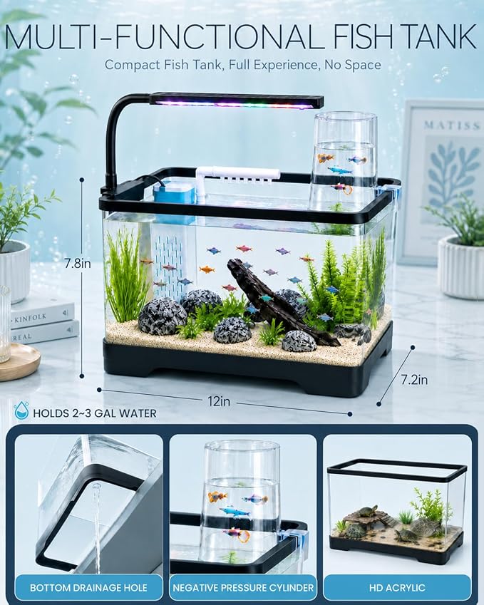 3 Gallon Betta Fish Tank Starter Kit - Negative Pressure Acrylic Aquarium | Desktop Small Aquarium with 3-Color LED Light, Quiet Water Pump Filter, Blue Sand & Net for Guppies, Goldfish & Small Fish