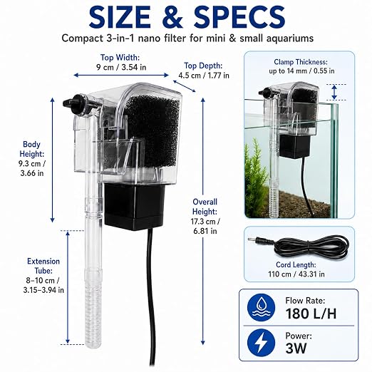 SLOCME Mini Waterfall Aquarium Filter, Adjustable Flow Hang-on-Back Filter for 1-10 Gallon Fish Tanks, Quiet 3W Filter for Betta Fish, Shrimp & Small Aquariums