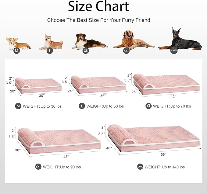 Orthopedic Dog Bed Large Sized Dog with Pillow 36''X24'', Waterproof Soft Comfortable Egg Crate Foam Pet Crate Beds Mat with Removable Washable Cover and Non-Slip Bottom, Pink