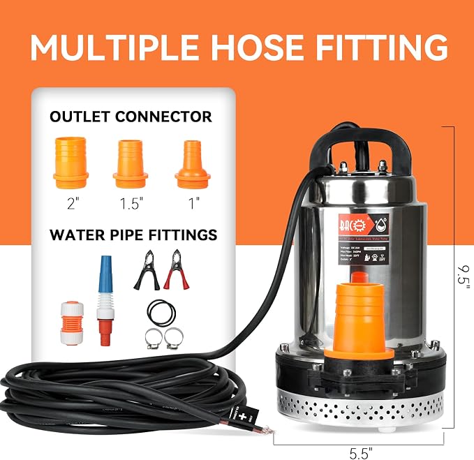 BACOENG DC 24V Solar Water Pump, Submersible Well Pump 23FT, 24GPM Lift for Farm & Ranch