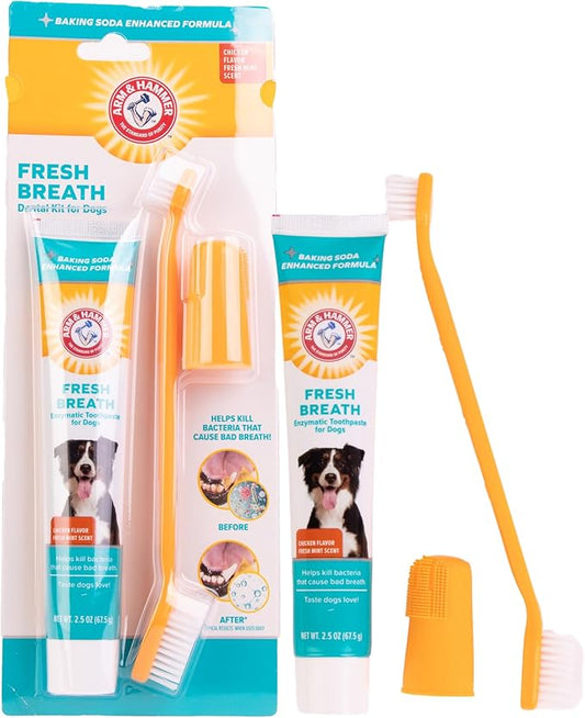 Arm & Hammer for Pets Enzymatic Dog Dental Care Kit, Chicken Flavor Toothpaste with Baking Soda for Plaque, Tartar, and Bad Breath, Double-Sided Toothbrush and Finger Brush Included, 2.5 Oz