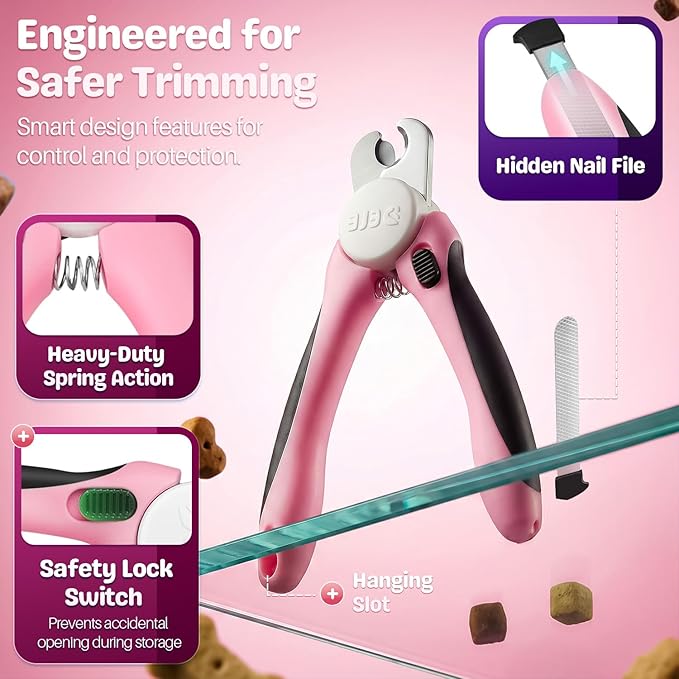 Flexzion Pet Nail Clippers for Dogs & Cats - Stainless Steel Blade Cat Nail Trimmer with Stored Nail File, Safety Guard, Easy Grip Handle - Dog Nail Clippers for Large Dogs, Medium Small Breeds, Pink