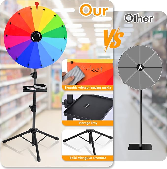 24 Inch Prize Wheel Spinner with Stand, Ajustable 34"-63" Height Heavy Duty Spinning Wheel for Prizes, Spin The Wheel Game with Stand for Tabletop or Floor, Suitable for Trade Show, Family, 14 Colors