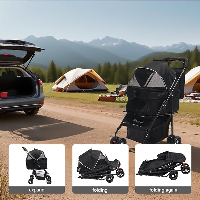 SUNNYFEEL Pet Stroller for Small Dogs and Cats, Iron Two-in-one Split, One-Click Foldable Dog Stroller, Holds up to 45 lbs, Storage Basket & Side Bag, Breathable Mesh, Black-pro