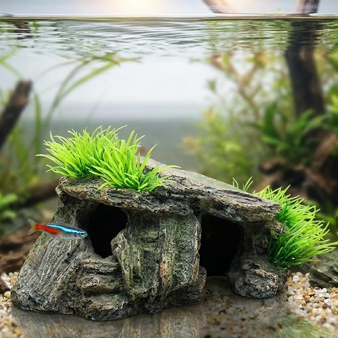 Aquarium Cave & Betta Hideout - Natural Resin Fish Tank Decorations, Small Fish Tank Decor, Hand-Polished Smooth Edges, PH Neutral Stone Decor for Shrimp, Cichlid, and Reptiles (Small)