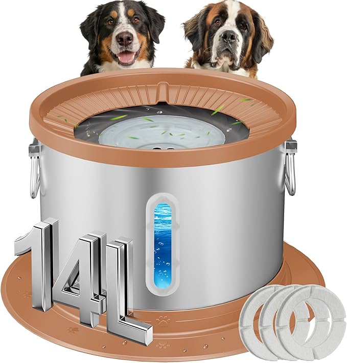 UPSKY 14L No Spill Dog Water Bowl, Stainless Steel Spill Proof Dog Bowl with Water Window, Dual-Suction Anti-Slip Large Capacity Slow Drinking Bowl with Floating Disk for Large Dogs & Messy Drinkers