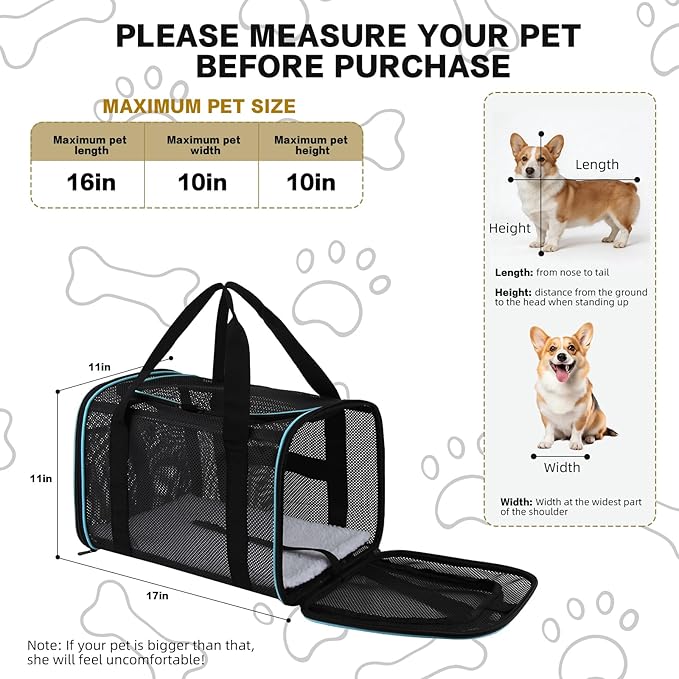 Cat Dog Pet Carriers Soft-Sided Cats Bag Animal Carriers Puppy Carrying Bag TSA Airline Approved Dog Carrier Soft Sided, Collapsible Travel Carriers for Big Cats/Small Dogs(Up to 16lbs) 17 * 11 * 11
