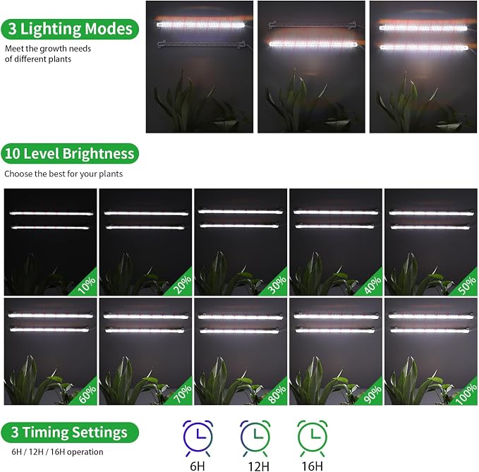 16‘’ LED Grow Light Strips for Indoor Plants, Full Spectrum 120 LEDs with 4 Install Methods, 6/12/16H Timer, 10 Dimmable Levels, 3 Switch Modes for Seedling Succulent Sunlike Strip (2 Head 1 Pack)