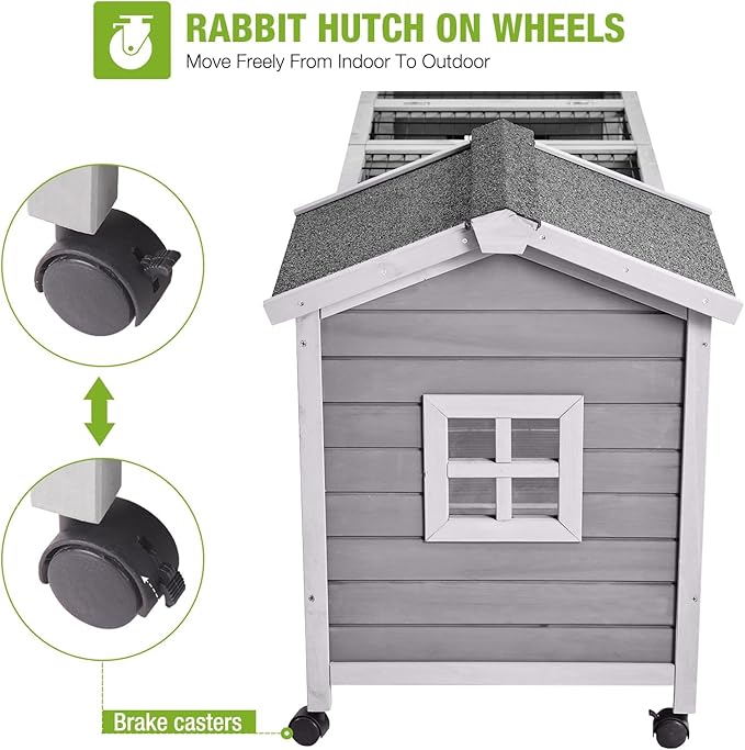 GUTINNEEN Rabbit Hutch Outdoor with Run, Bunny Cage on Wheels, 10.4 ft² Guinea Pig House, No-Leak Pull-Out Trays
