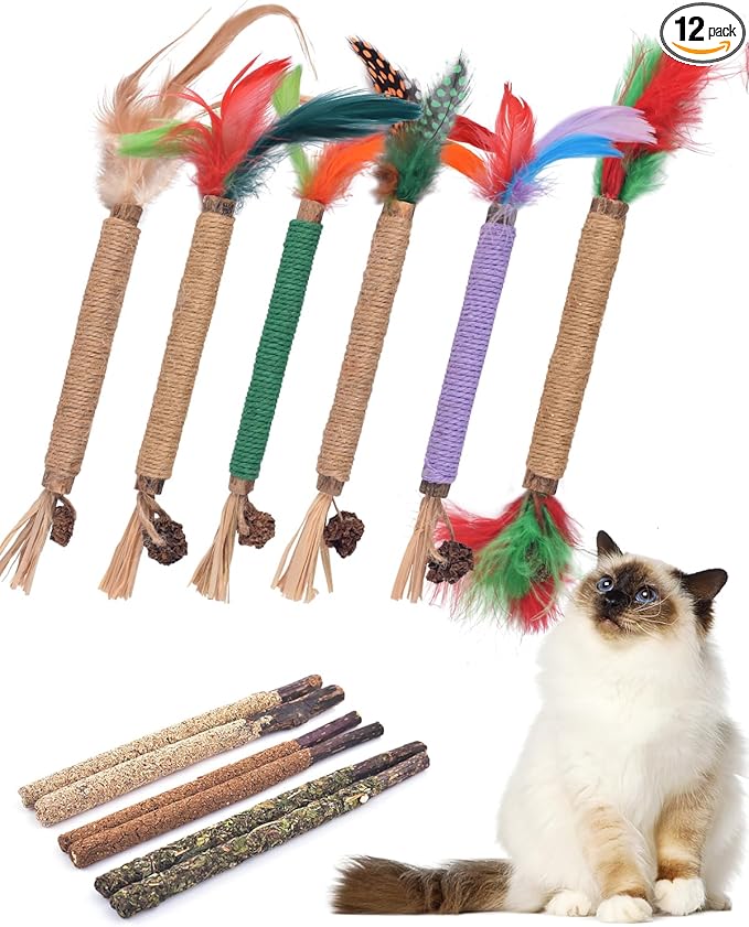 TINDTOP Silvervine Chew Sticks for Cats, 12 Pack Natural Catnip Chew Toys for Kittens Teeth Cleaning, Matatabi Dental Care, Increase Appetite Cat Dental Toy
