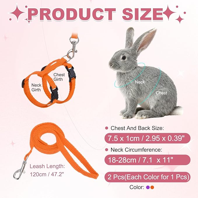 Rabbit Harness and Leash, Escape Proof Bunny Cat Leash Small Animal Harness Soft Adjustable Buckle(2Pcs, Orange/Purple) for Bunny Kitten Cats Puppies Walking Hiking Training