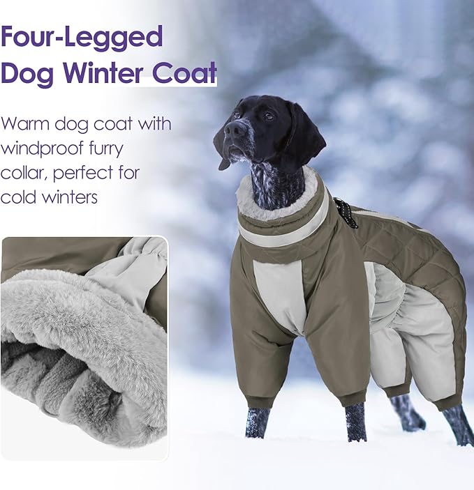 Full Body Dog Coat - Warm Fleece Jacket for Large Dogs, Turtleneck Winter Coats with Harness, Reflective Dog Snowsuit Windproof Puffer Jackets with Legs for Weimaraner, Army Green XL