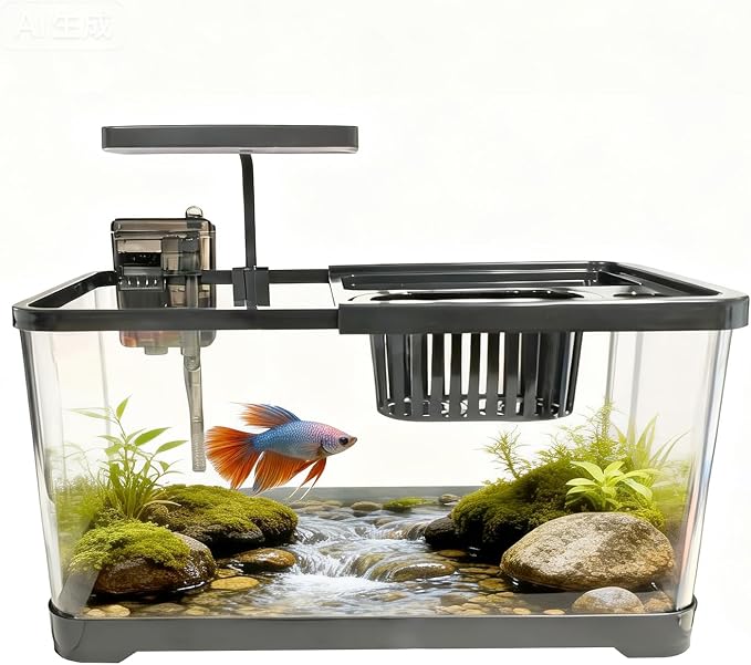 4 Gallon Fish Tank, Aquarium Plastic Starter Kit with Filter, Small Net and LED Light, Fish Tank for Betta, Plastic Nano Aquarium with Lid(15 * 7.87 * 8.07 inch/Black) (4 Gallon Fish Tank)