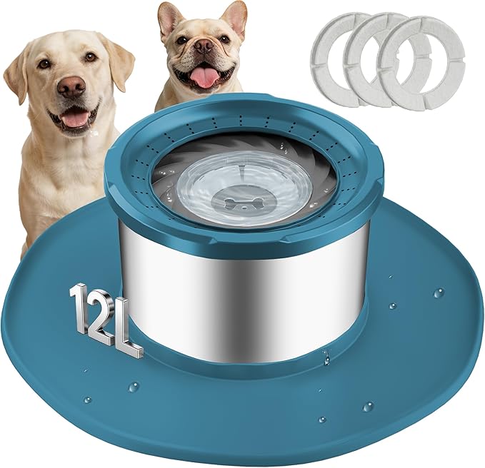 Decflow 12L No Spill Dog Water Bowl for Large Dogs, Stainless Steel Spill Proof Bowls with Suction Cup Anti-Skid Mat, Slow Feeder for Messy Drinkers, Heavy Duty Pet Bowls for Indoor/Outdoor Blue