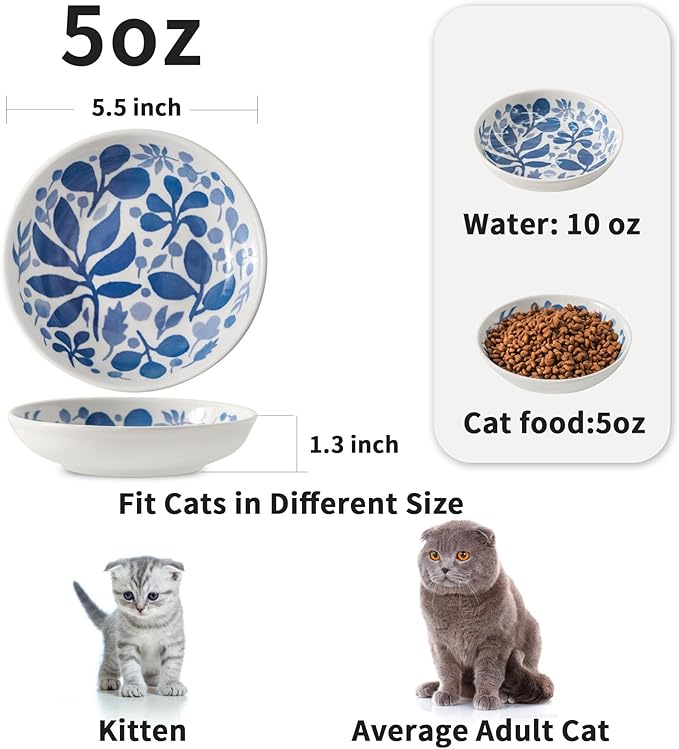 3 Ceramic Cat Bowls,5.5 inch Wide Shallow Cat Food Bowl for Relief Whisker Fatigue