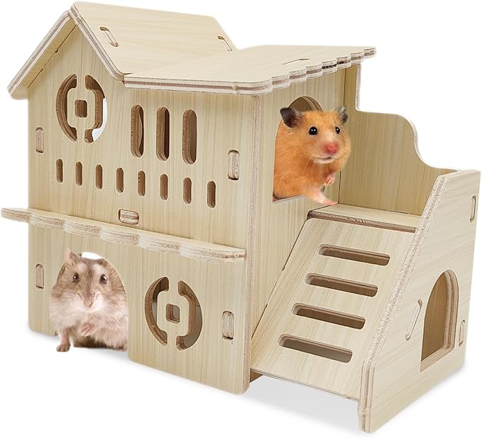 Hamiledyi Wooden Hamster Hideout Maze Small Animal Activity Toy Hamster House and Habitat Wooden Hut with Ladder for Dwarf Hamsters Small Gerbils Tiny Mice and Other Similar Sized Animals