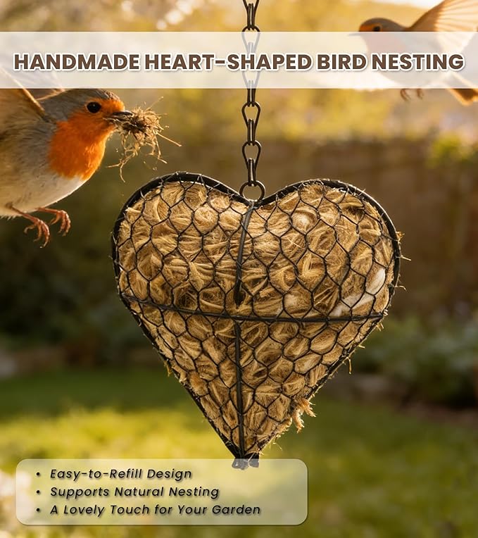 Bird Nesting Heart with Natural Nesting Fibers, Refillable Bird Nesting Material Holder for Hummingbirds, Outdoor Garden Art Decor Gift for Bird Lovers