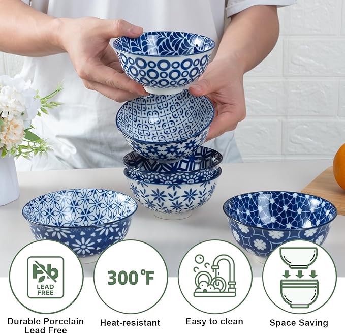 AntoKueh Blue and White Ceramic Bowls Set of 6, 10 oz Small Dessert bowl 4.7in for ice cream, Snack, Porcelain bowl for Dipping, Microwave & oven Safe