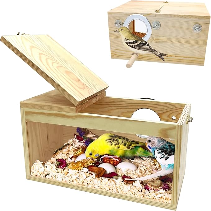 PINVNBY Large Natural Wood Parakeet Nesting Box Budgie Breeding Box Acrylic Bird Nest for Cage Transparent Panoramic for Birds, Parrots, Cockatiels, Lovebirds, Canaries (L: 11.8 x 5.7 x 5.9 inch)