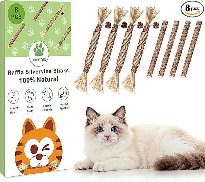 [8 Pack] Silvervine Sticks for Cats, Natural Chew Stick for Dental Care Teeth Cleaning, Cat nip Chew Rope Toys for Bored Indoor Kittens, Catmint Silvervine Blend Toys