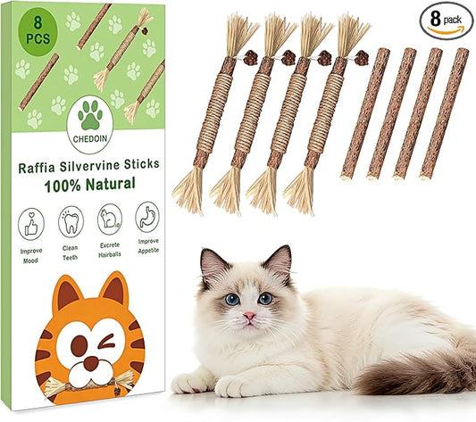 [8 Pack] Silvervine Sticks for Cats, Natural Chew Stick for Dental Care Teeth Cleaning, Cat nip Chew Rope Toys for Bored Indoor Kittens, Catmint Silvervine Blend Toys