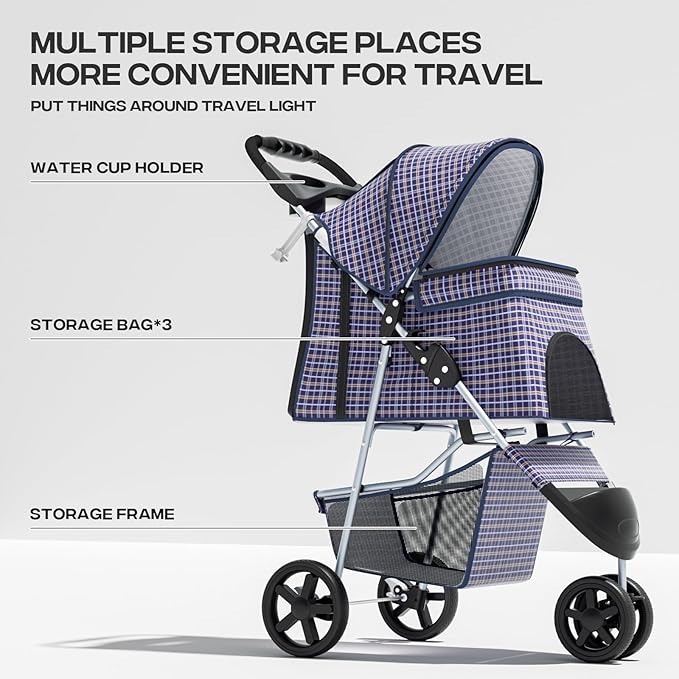 Pet Stroller for Small Dogs 10 lbs, Dog Stroller for Medium Dogs 30 lbs, Cat Strollers for 2 Cats, 3 Wheels Foldable Jogger Puppy Stroller with Storage Basket and Cup Holder, Plaid