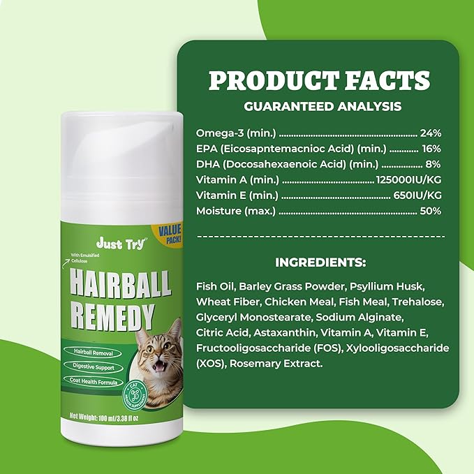 Just Try 3.38oz Cat Hairball Remedy Gel Chicken Flavor Paste Hairball Treatment for Cats Hairball Control Cat Supplements, Healthy Stomach & Shinny Skin
