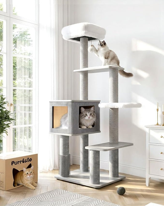 Maine Coon Cat Tree for Large Cats, Modern Cat Tree Tower with Plush Platforms, Heavy Duty Cat Trees for Indoor Cats Large Adult, Gray Sisal Posts, Scratching Post for Indoor Cats