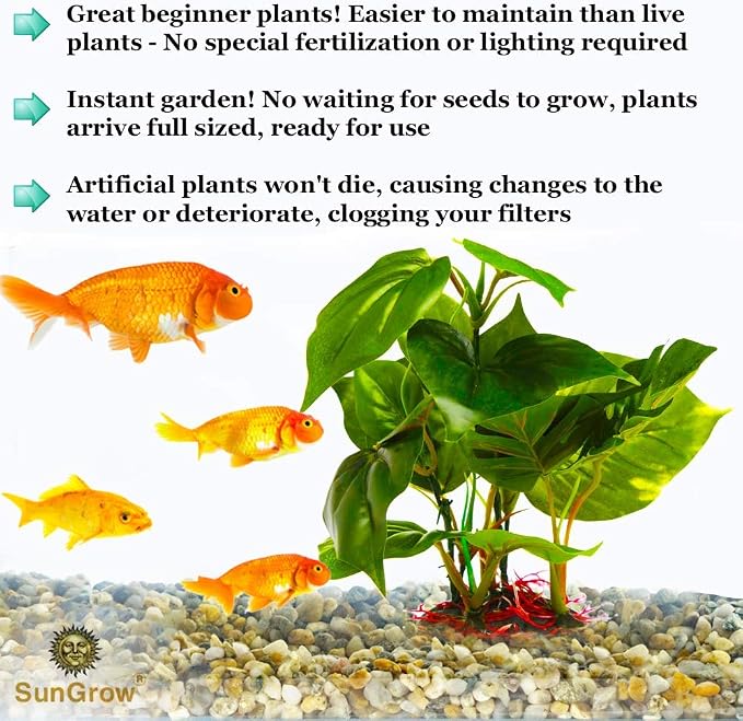 SunGrow Plastic Leaf Plant, Heavy-Duty Ceramic Base, Hiding Spot for Fish, Betta, Angelfish, Gold Fish, Frog, Python, Reptiles, Amphibians (2, 10 Inches)
