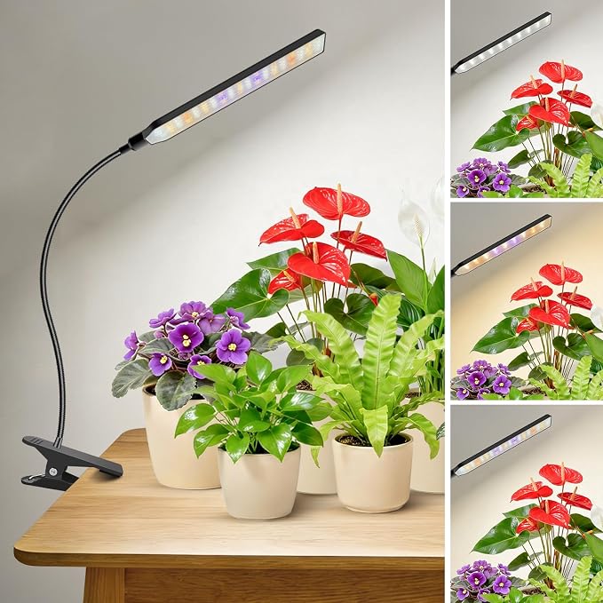 Kullsinss Clip-on Plant Lights for Indoor Growing, 57 LEDs 10W Grow Light | Full Spectrum Grow Lamp with Timer & Dimmable, Black Gooseneck Plant Lamp for Seed Starting, Succulents, Seedlings