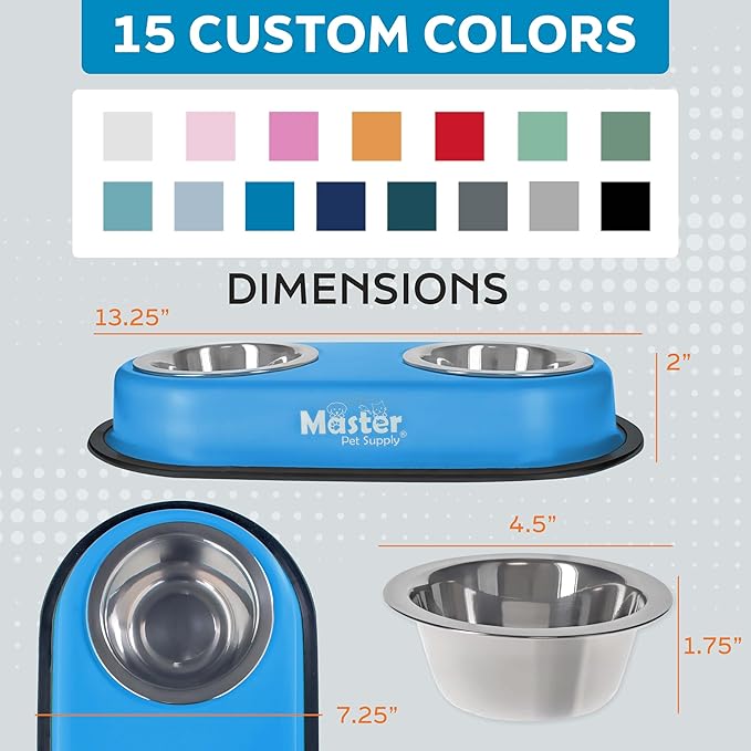 Master Pet Supply Double Dog Bowls Set with Elevated Base and 2 (8 oz) Stainless Steel Removable Dishes (Emerald Sea) – Double Cat Food Water Bowl, Dog Puppy Food Bowl Set, Rust Resistant