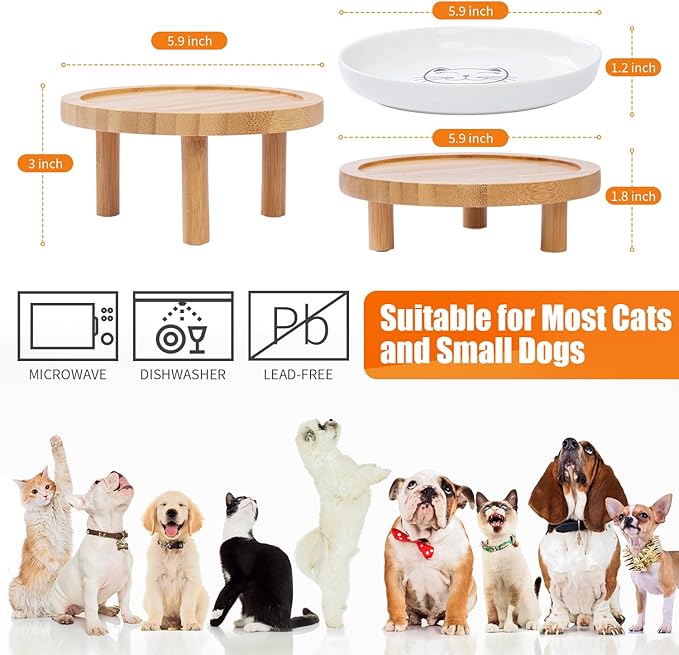 Lusifaco Shallow Elevated Cat Bowls,5.9 Inch Wide Raised Ceramic Cat Dishes with Bamboo Stand, Whisker Friendly Pet Water or Food Plates Feeding Station for Indoor Cats, Kitten(Pink,Set of 1)